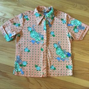 Vintage Peach Button Down Shirt with Green and Blue Accents